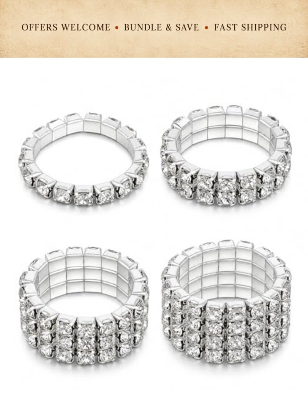 4Pc Rhinestone Stretch Stacking Rings Zinc Alloy Women Jewelry Set